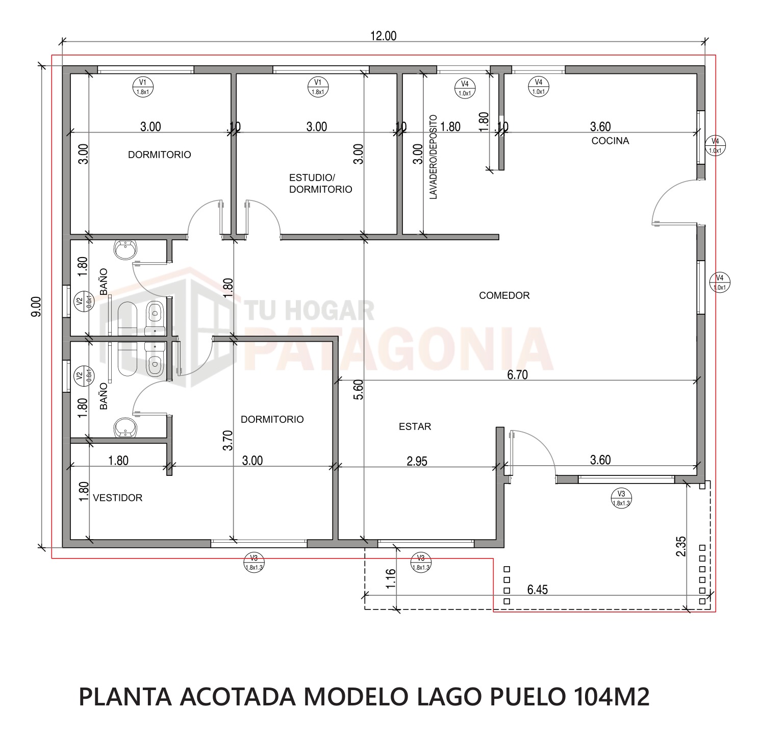 Plano acotado del Modelo Lago Puelo, 104 m², planta de 12 × 9 metros
