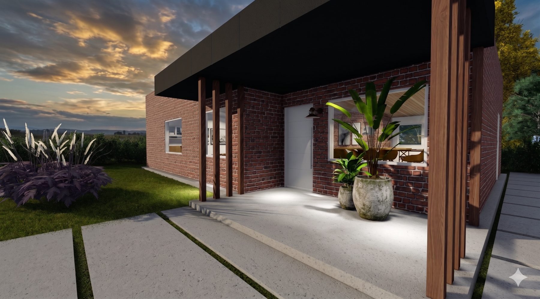 Ingreso bajo pérgola al atardecer